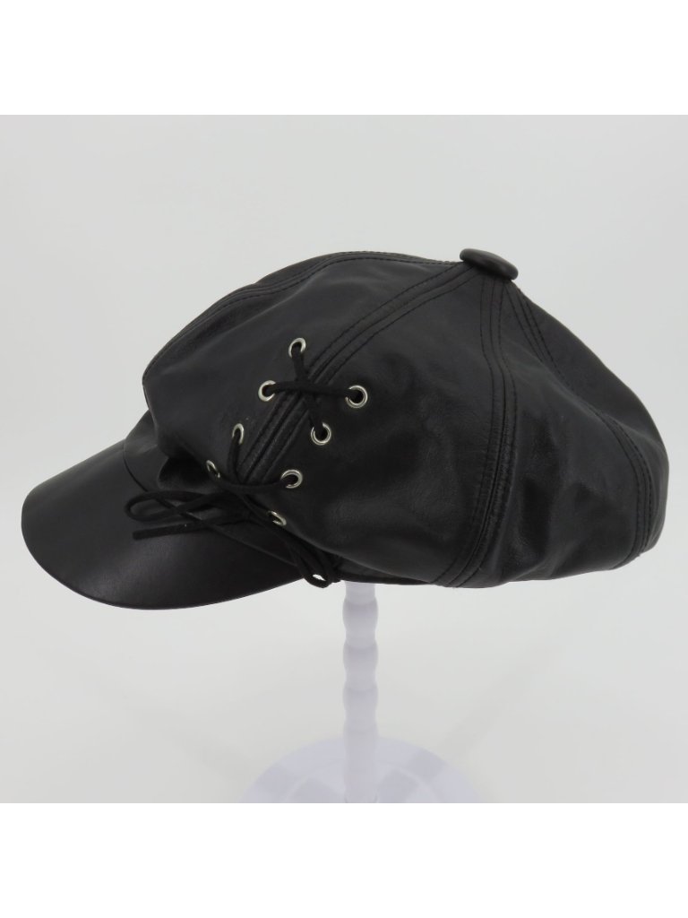 Harley Davidson Adult Large Black Leather Embroidered Lace Up Cabbie Newsboy Hat — image 2 of 8